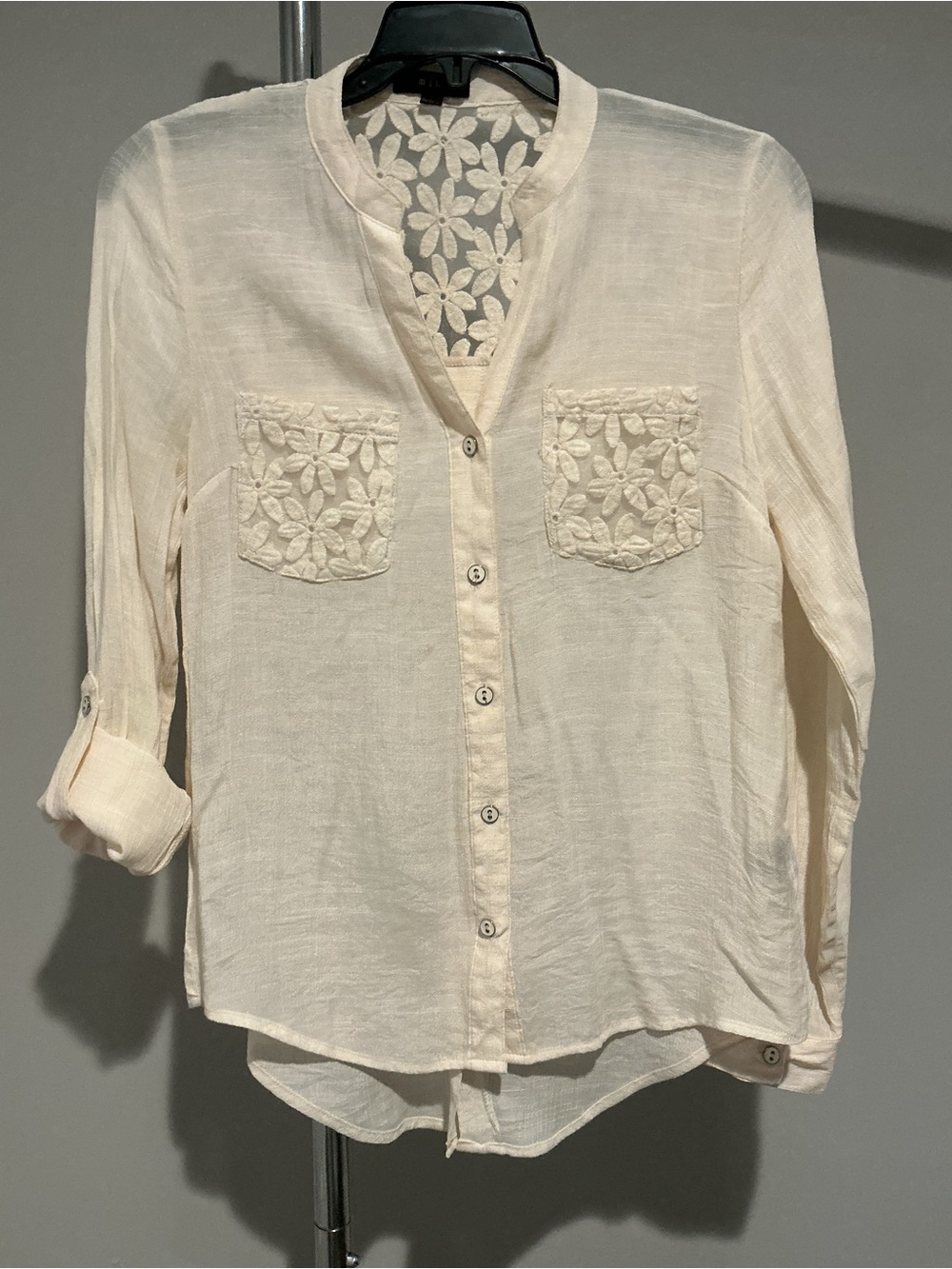 Women’s Cream Button-Down Blouse with Floral Lace Pockets